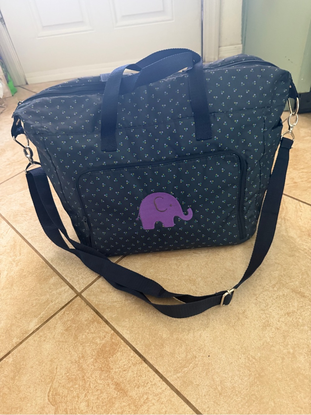 thirty-one Navy Baby Diaper Bag Tote plastic lining with Purple Elephant “C”